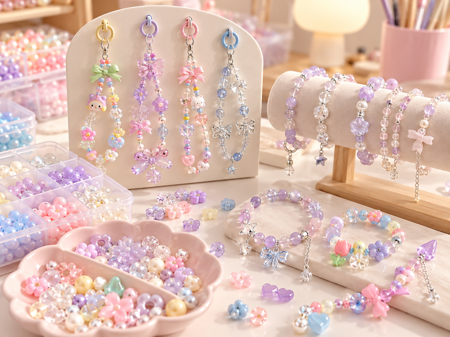 Colorful handmade bracelets and beaded charms with flowers and bows