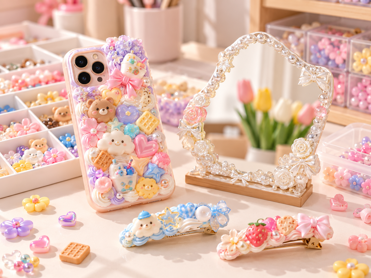Pastel phone case, mirror and hair clips decorated with colorful cream and charms