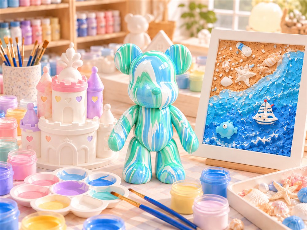 Paint & Create projects: a pastel castle, a blue and green painted bear, and textured seaside artwork